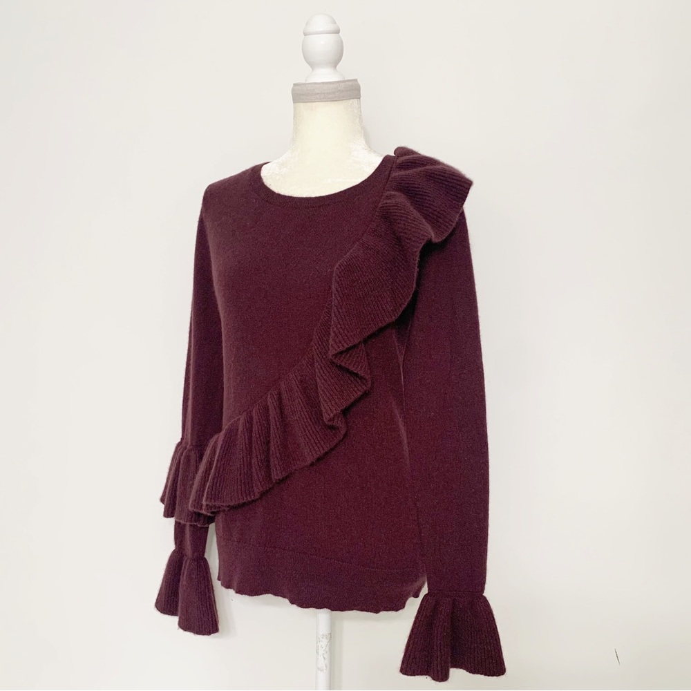 Antonio Melani 100% Cashmere Asymmetric Ruffle Sweater in Eggplant - Size S